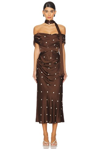 LPA Luisa Midi Dress in Brown & Cream Dot from Revolve.com | Revolve Clothing (Global)