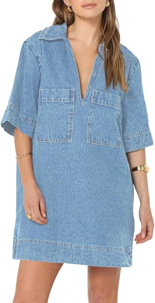 Fisoew Womens Denim Shirt Dress Summer Collared V Neck Mini Casual Jean Dresses with Pockets | Amazon (US)