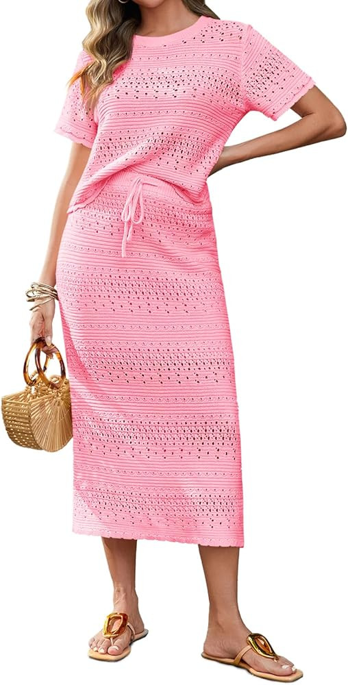 Tankaneo Womens Crochet Cover Up 2 Piece Skirt Sets Short Sleeve Knit Top Midi Skirt Vacation Tra... | Amazon (US)
