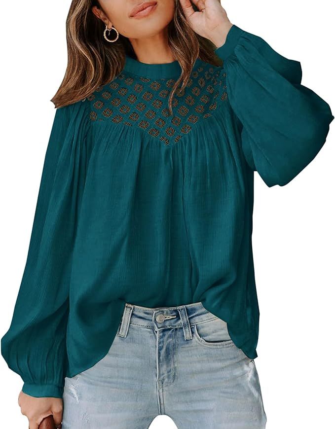 BTFBM Women's Fall Tops 2023 Crewneck Lace Crochet Casual Long Sleeve T Shirts Loose Chiffon Soli... | Amazon (US)