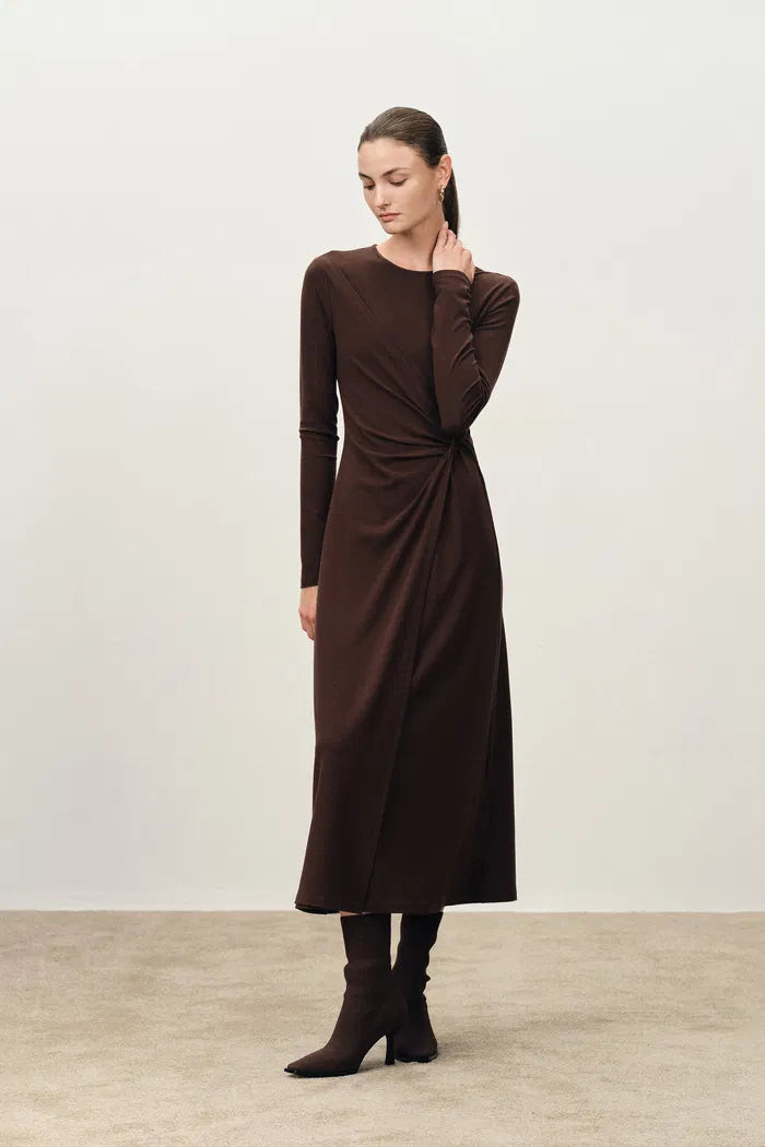 Grace Twisted Drape Long Sleeve Maxi Dress in Tencel-Wool Knit | Fabrique
