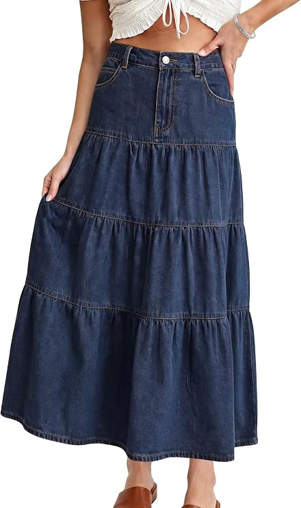 Womens Long Denim Skirt Tiered High Elastic Waist Jean Maxi Skirts | Amazon (US)