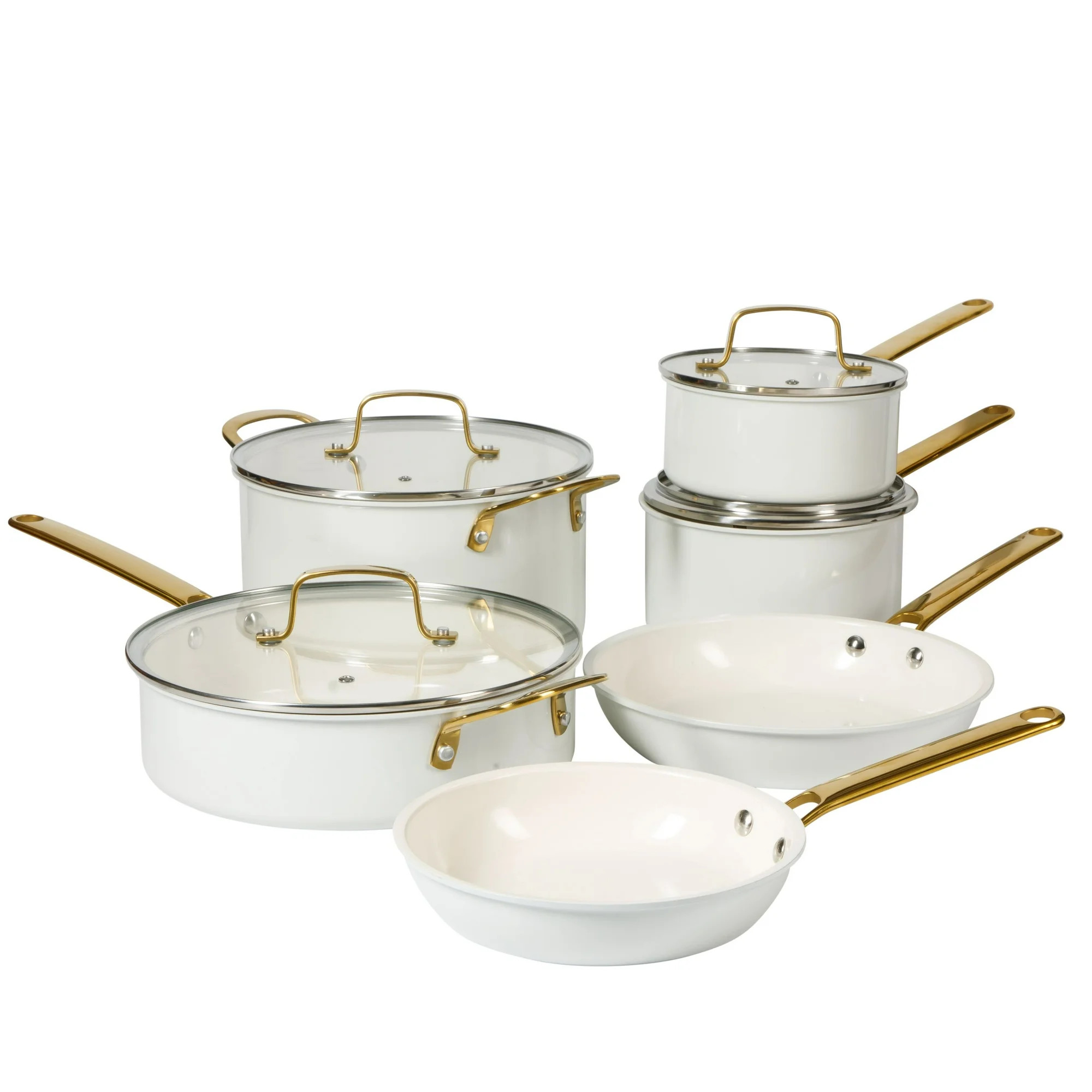 Martha Stewart 10-Piece Nonstick Pots and Pans Cookware Set with Gold Handles, Linen | Walmart (US)