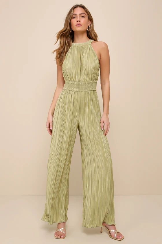 Flawless Mindset Lime Green Satin Plisse Tie-Back Jumpsuit | Lulus