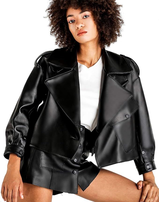 LY VAREY LIN Women's Asymmetrical Leather Jacket Loose PU Motor Biker Coat Outwear | Amazon (US)