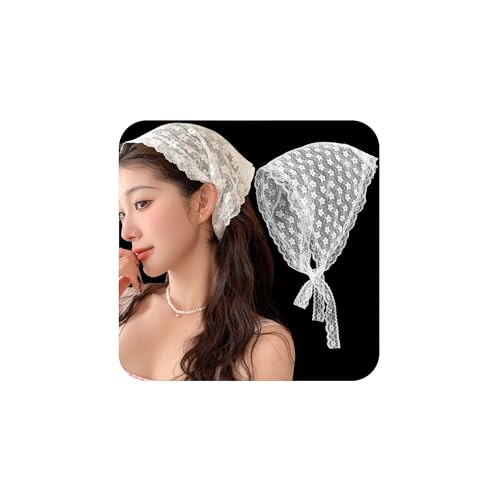 Lace Flower Hair Scarf White Bandanas for Women Sweet Headscarf Head Scarfs Lace up Floral Apron Triangle Head Scarf Womens Headwraps Cute Bandana Womens Vintage Hair Scarves Aesthetic Headwrap | Amazon (US)