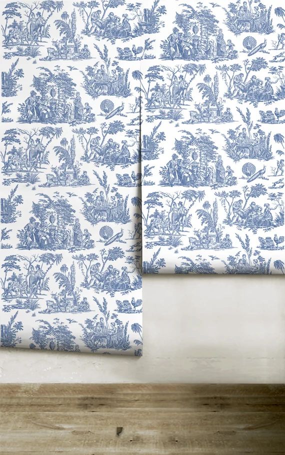 Marseilles Toile // Willow Ware Blue Peel 'n Stick or PrePasted Wallpaper Removable • Vinyl-Fre... | Etsy (US)