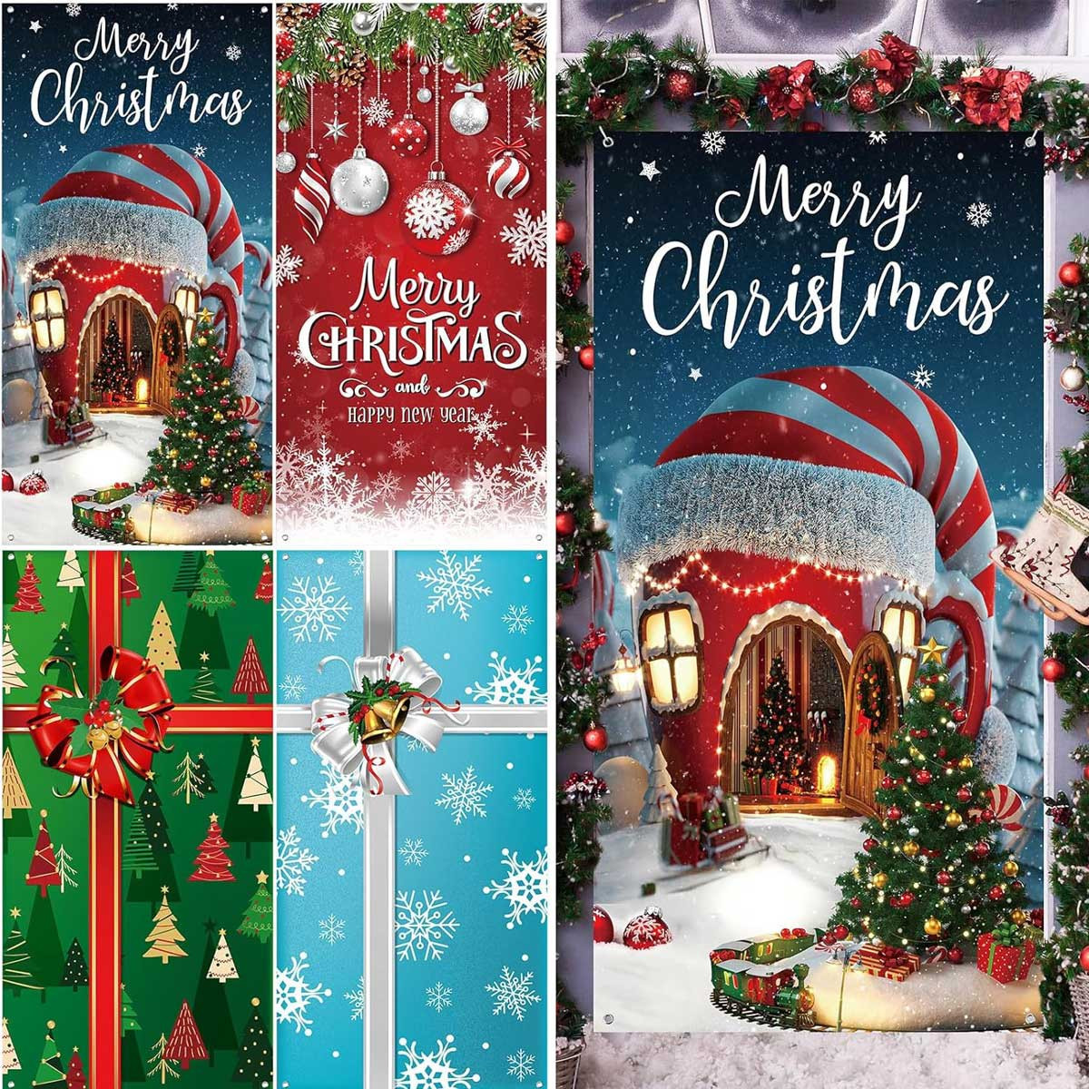 Aoibox 4 pcs Christmas Door Covers 71 x 35 inch Merry Christmas Gift Box Banner Set with Rope for Indoor Outdoor Front Door Holiday Party Decor | Lowe's