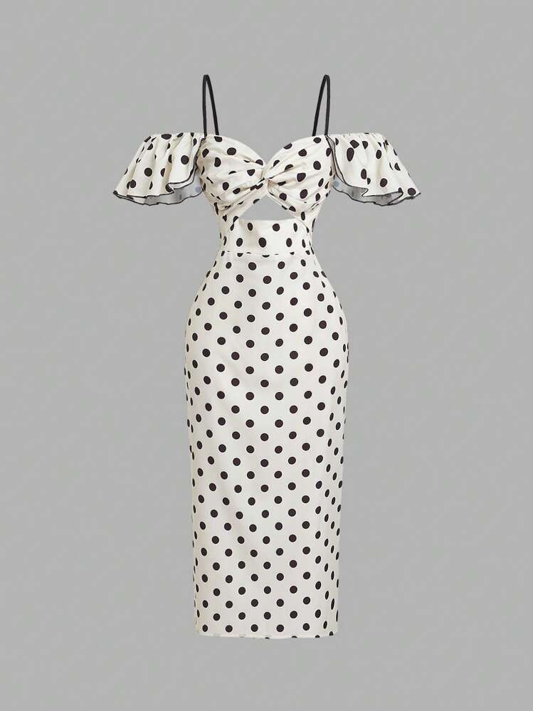SHEIN X Belle Mariano SHEIN MOD Off Shoulder Frill Trim Black & White Polka Dot Elegant Dress | SHEIN