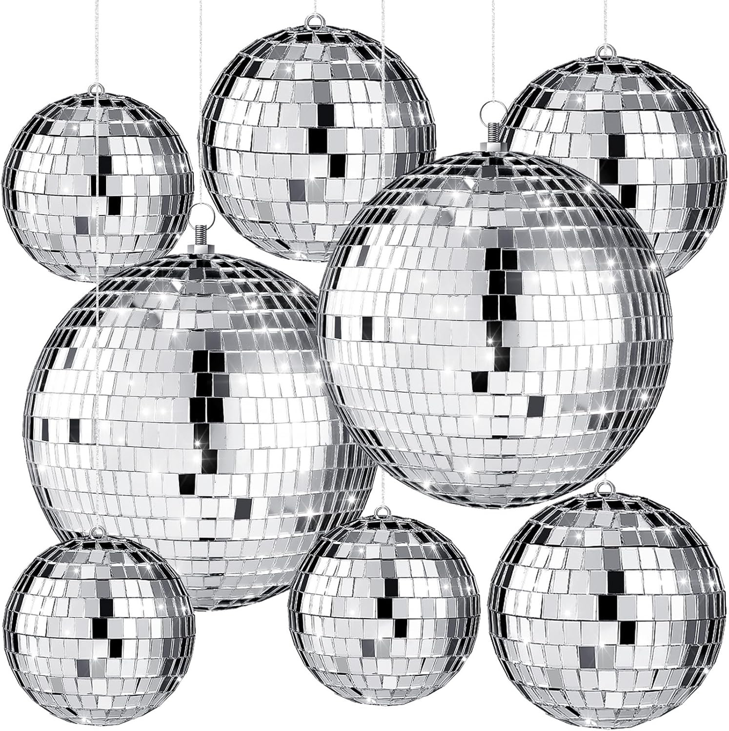 Haull 8 Pcs Large Disco Ball Set Silver Mirror Disco Reflective Ball with Hanging Ring Party Orna... | Amazon (US)