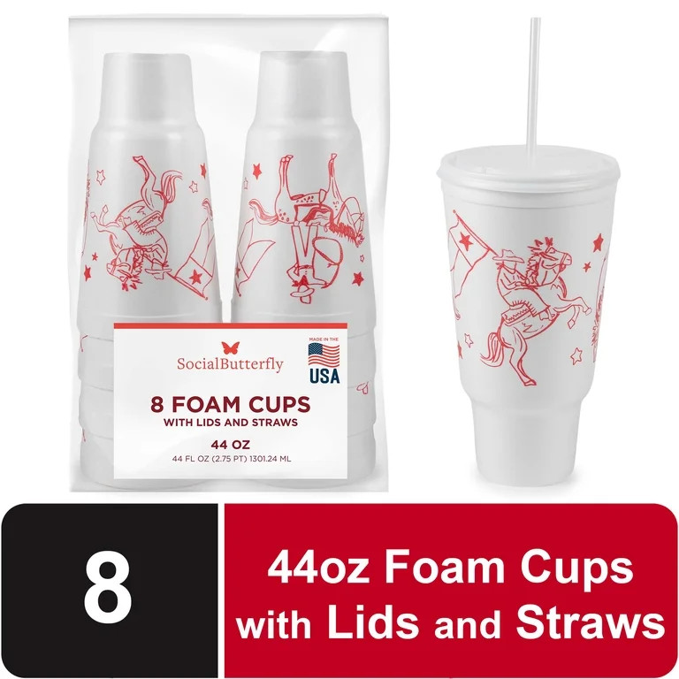 Social Butterfly Disposable Foam Cups with Lids and Straws, 44 oz, Cowboy Design, 8 Count | Walmart (US)