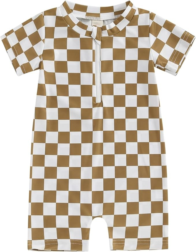 AEEMCEM Toddler Baby Boy Rash Guard Swimsuit Checkered Short Sleeve One Piece Zipper Bathing Suit... | Amazon (US)