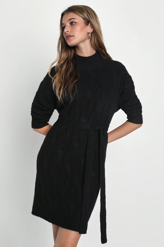 Cozy Connection Black Cable Knit Mock Neck Mini Sweater Dress Black Sweater Dress Outfit Lulus Fall | Lulus (US)