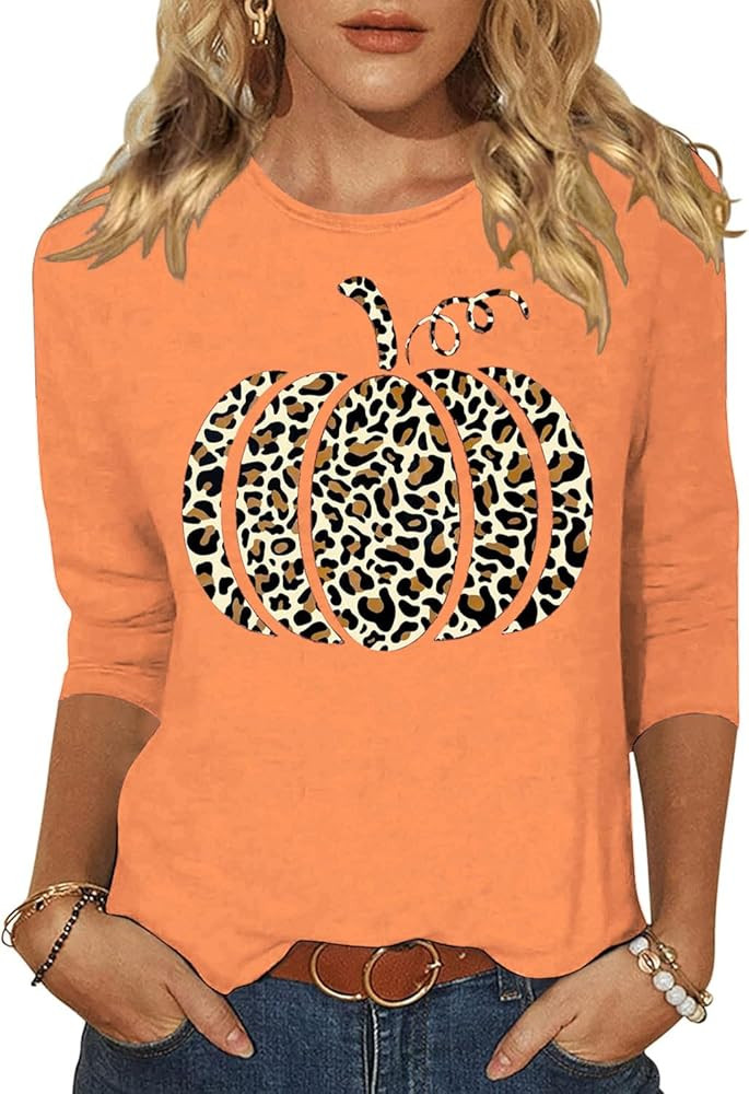 Woffccrd Womens Casual Halloween 3/4 Sleeve Crew Neck Tee Shirts Leopard Pumpkin Shirts Thanksgiv... | Amazon (US)