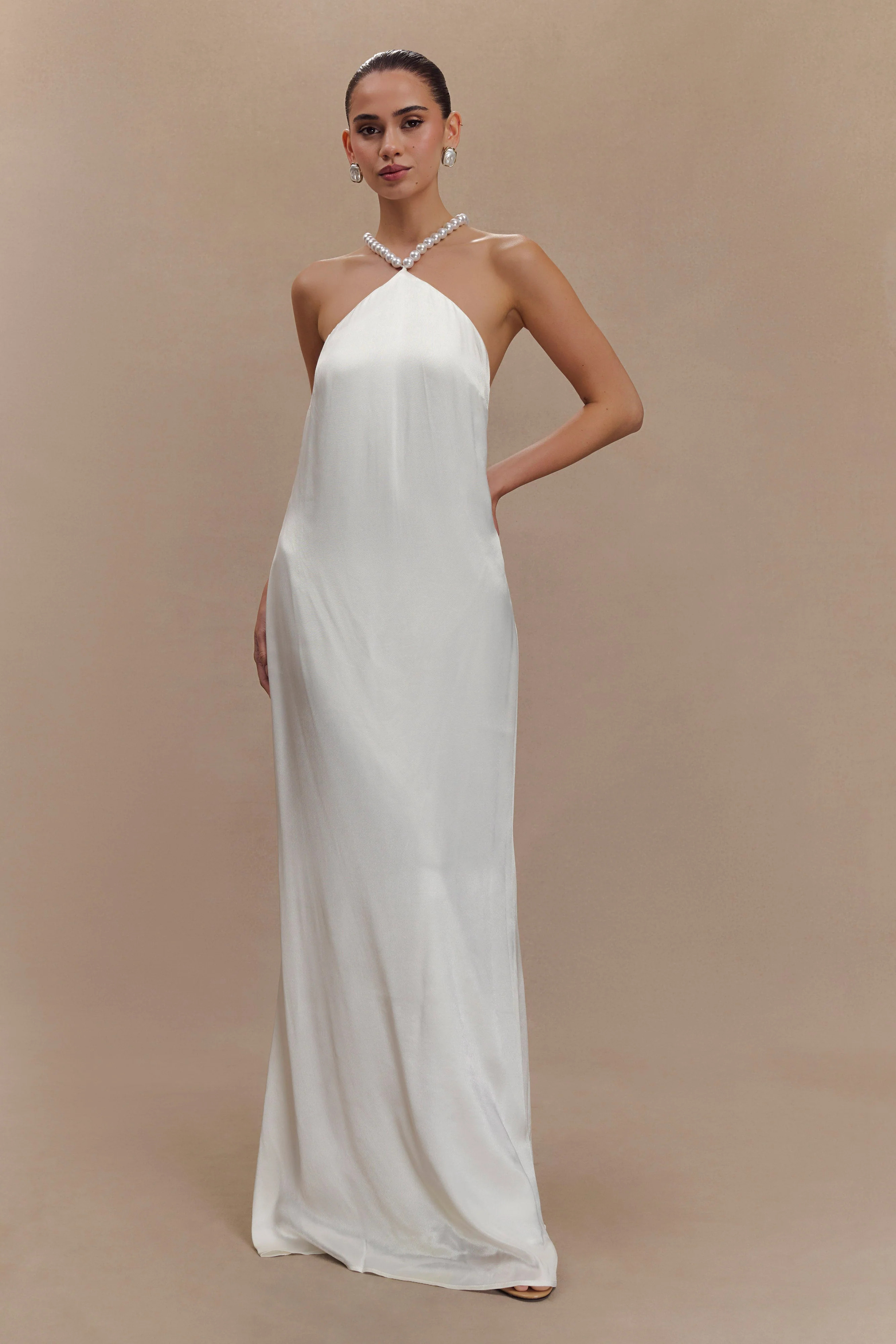 Blanche Satin Pearl Halter Maxi Dress - White | MESHKI US