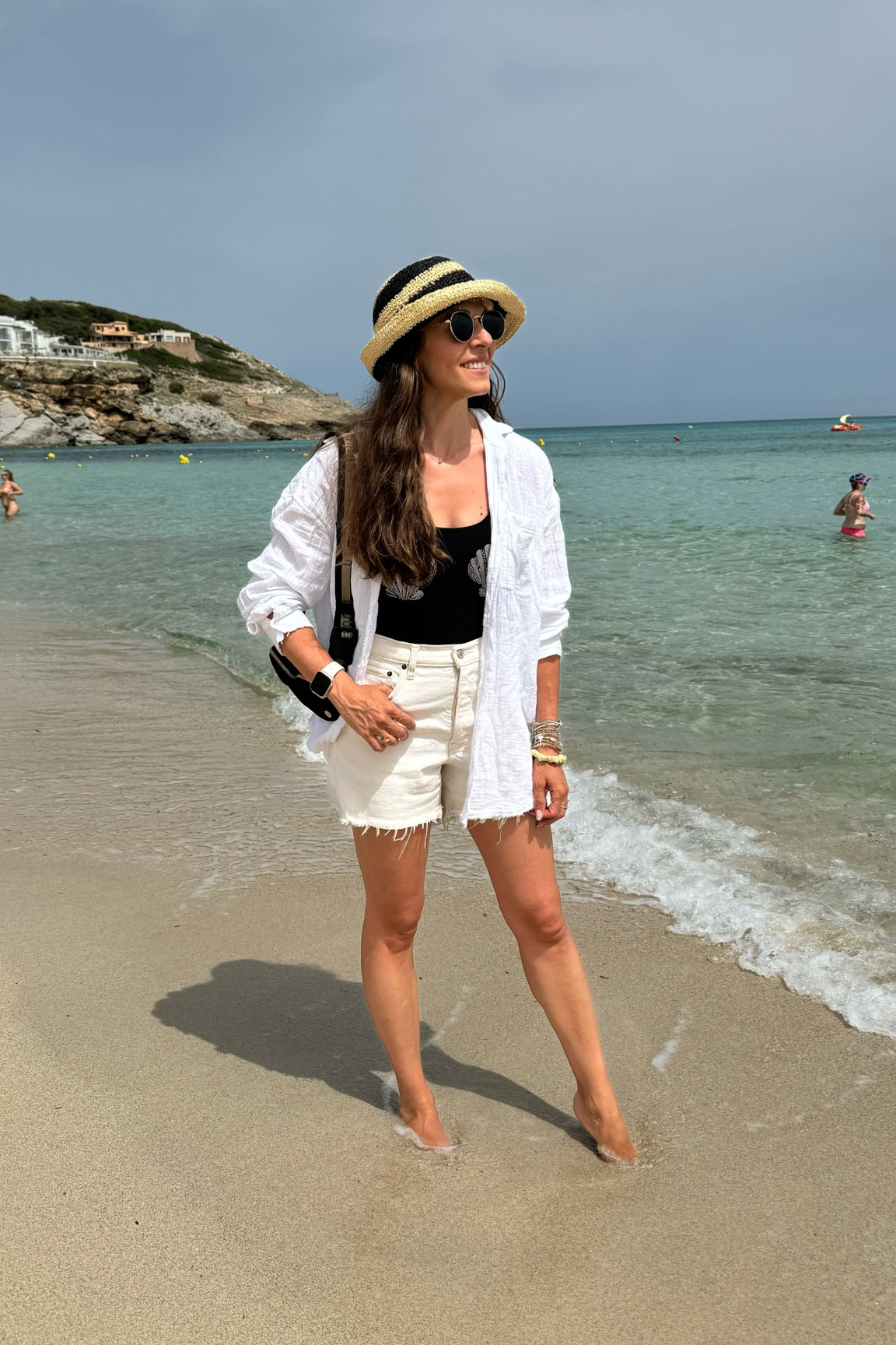 Another look I wore on vacation in Mallorca: I’m loving this mermaid sparkle shell bodysuit I paired with my fave pair of cutoff longer “dad jeans” in white and my fave gauzy oversized button up shirt and a fun black and white striped crochet style bucket hat! I accessorized with my fave sandals of the season back again this summer as a viral trend, and the viral crossbody Lulu Fanny pack belt bag!  

#LTKTravel #LTKStyleTip #LTKFindsUnder100