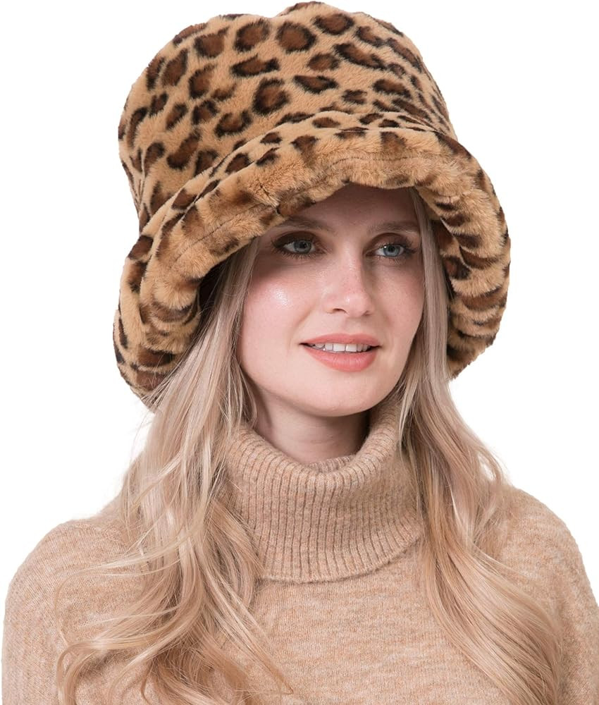 Women's Faux Fur Cow Bucket Hats Ladie's Unique Camouflage Printed Fisherman Cap | Amazon (US)