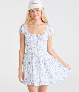 Floral Square-Neck Drop-Waist Mini Dress | Aeropostale