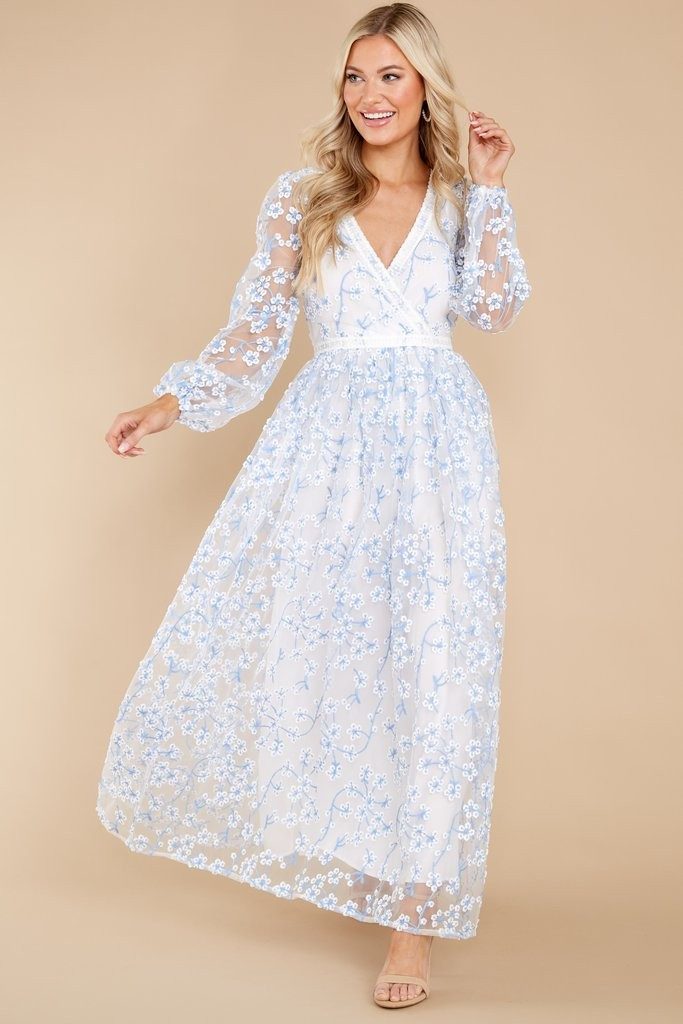Heavenly Sights Blue And White Floral Embroidered Maxi Dress | Red Dress 