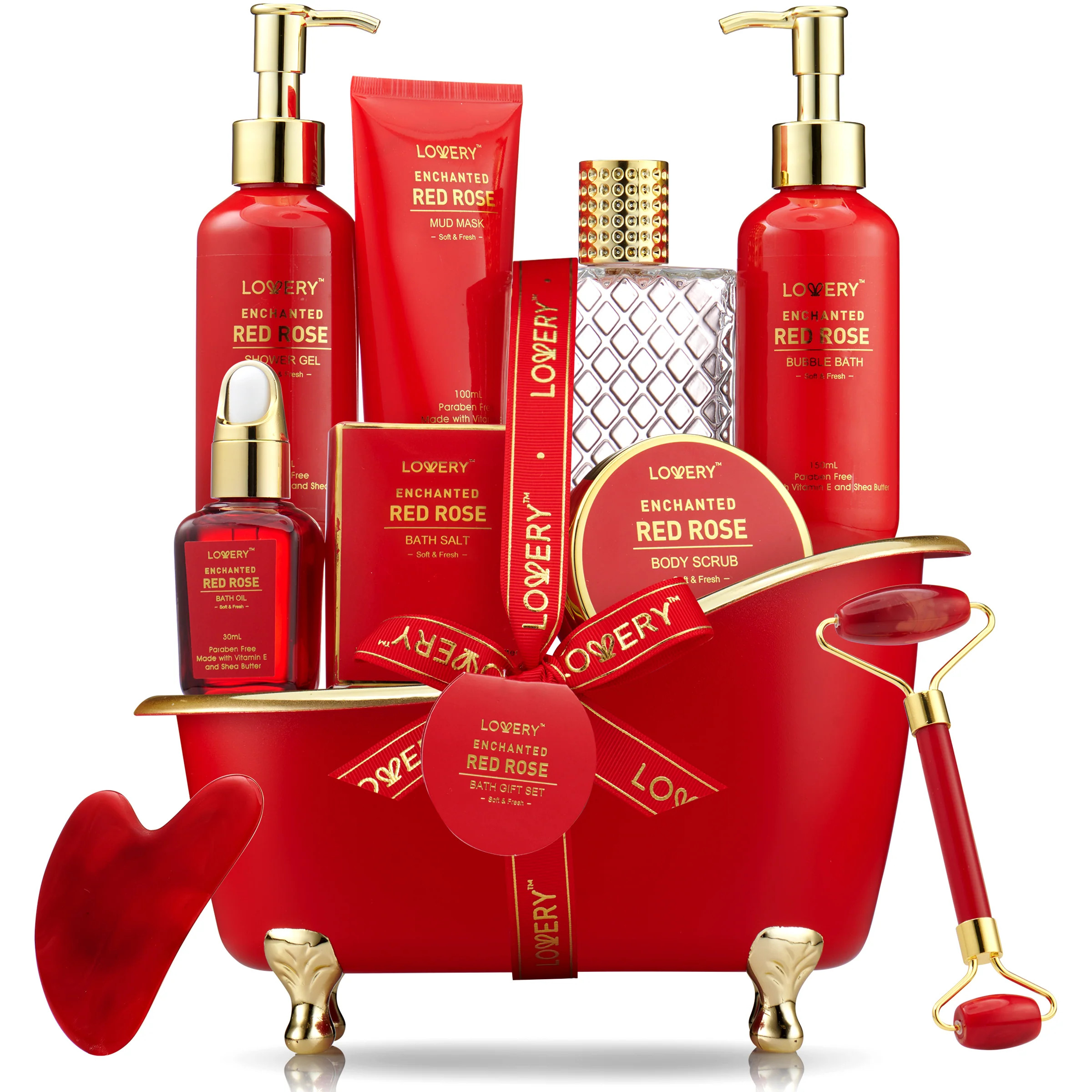 Luxe 11pc Red Rose Bath and Body Set with Perfume, Jade Roller, Gua Sha & More | Shop Simon