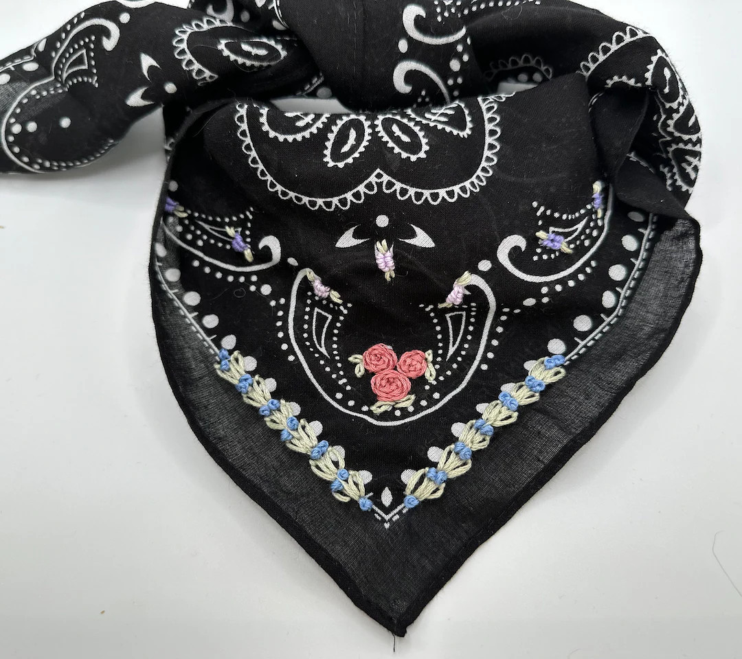 Black bandana with floral embroidery | floral cowgirl bandana | Etsy (US)