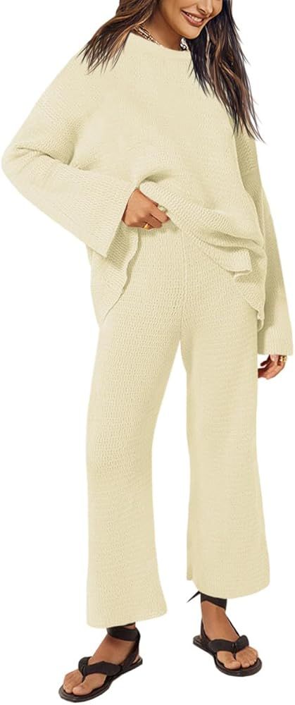 Fisoew Women's 2 Piece Outfits Oversized Knitted Tops and Wide Leg Pants Loungewear Sweater Sets | Amazon (US)