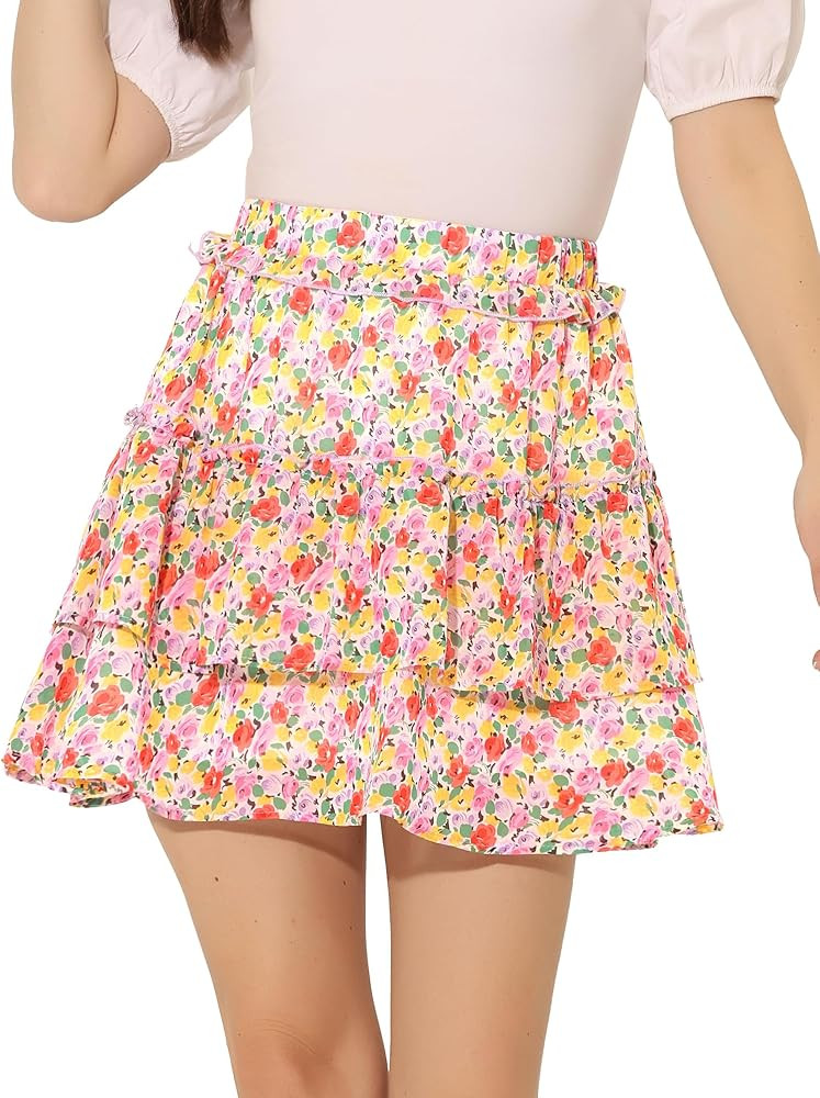 Allegra K Women's Layered Ruffle Hem Elastic Waist A-Line Skater Floral Mini Skirt | Amazon (US)