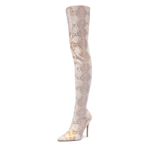 NEWBELLA Women's Stretch Over-the-Knee Boots - Snake Print Faux Leather Pointed Toe Heels for Fall Winter | Amazon (US)