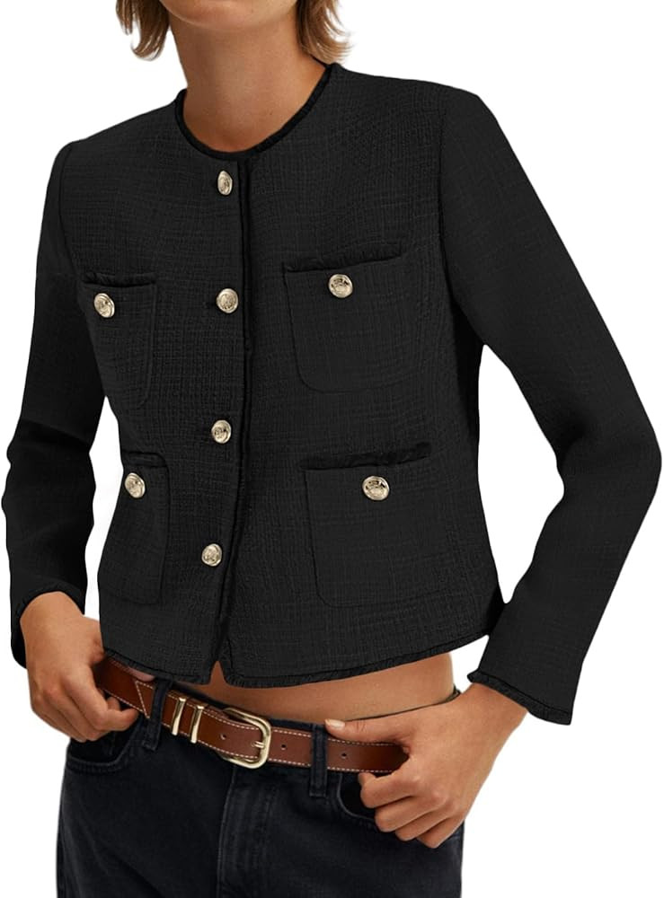 Cicy Bell Tweed Blazers for Women 2025 Collarless Button Down Womens Cropped Jackets | Amazon (US)