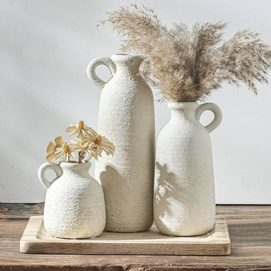 Ceramic Vase Set of 3 with Handle, Neutral Rustic Vases Home Decor Farmhouse Decorative Vase Whit... | Amazon (US)