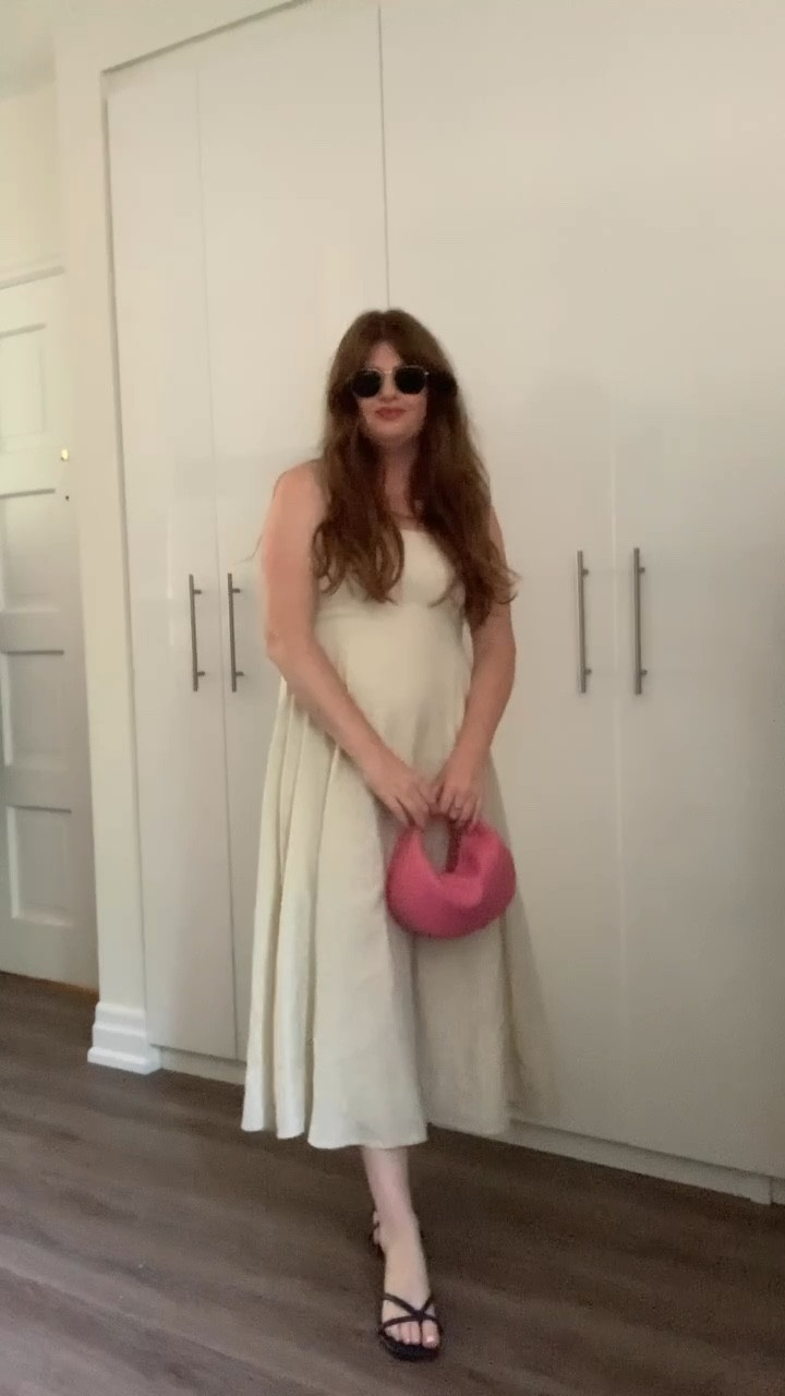 Summer outfit. White dress, midi dress, black sandals, pink bag.  

#LTKsummer #LTKshoes #LTKbag