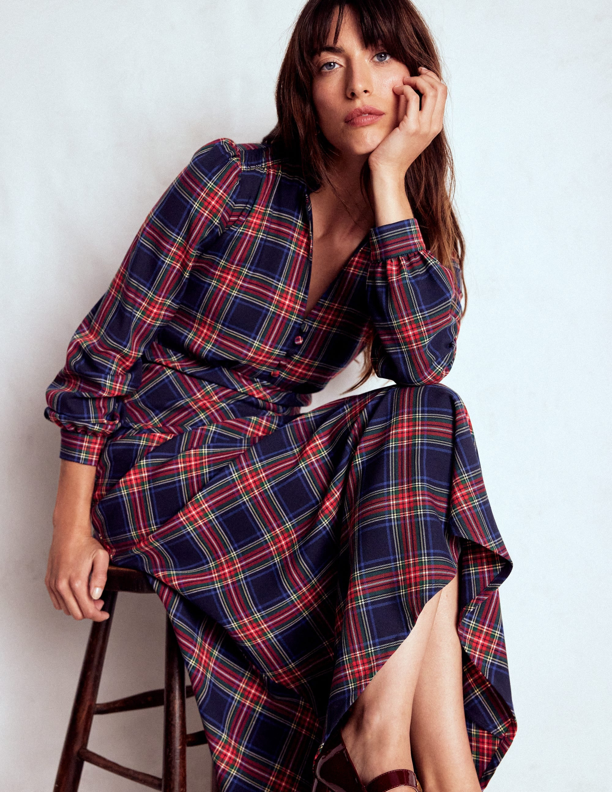 Cassie Check Tea Dress-Navy, Green and Red Check | Boden UK