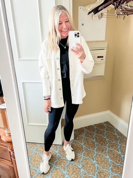 Travel outfit Love this cream shacket with a black tee, black amazon leggings and sneakers. XS shacket. Size small everything else. Sneakers run tts. 

#LTKSeasonal #LTKtravel