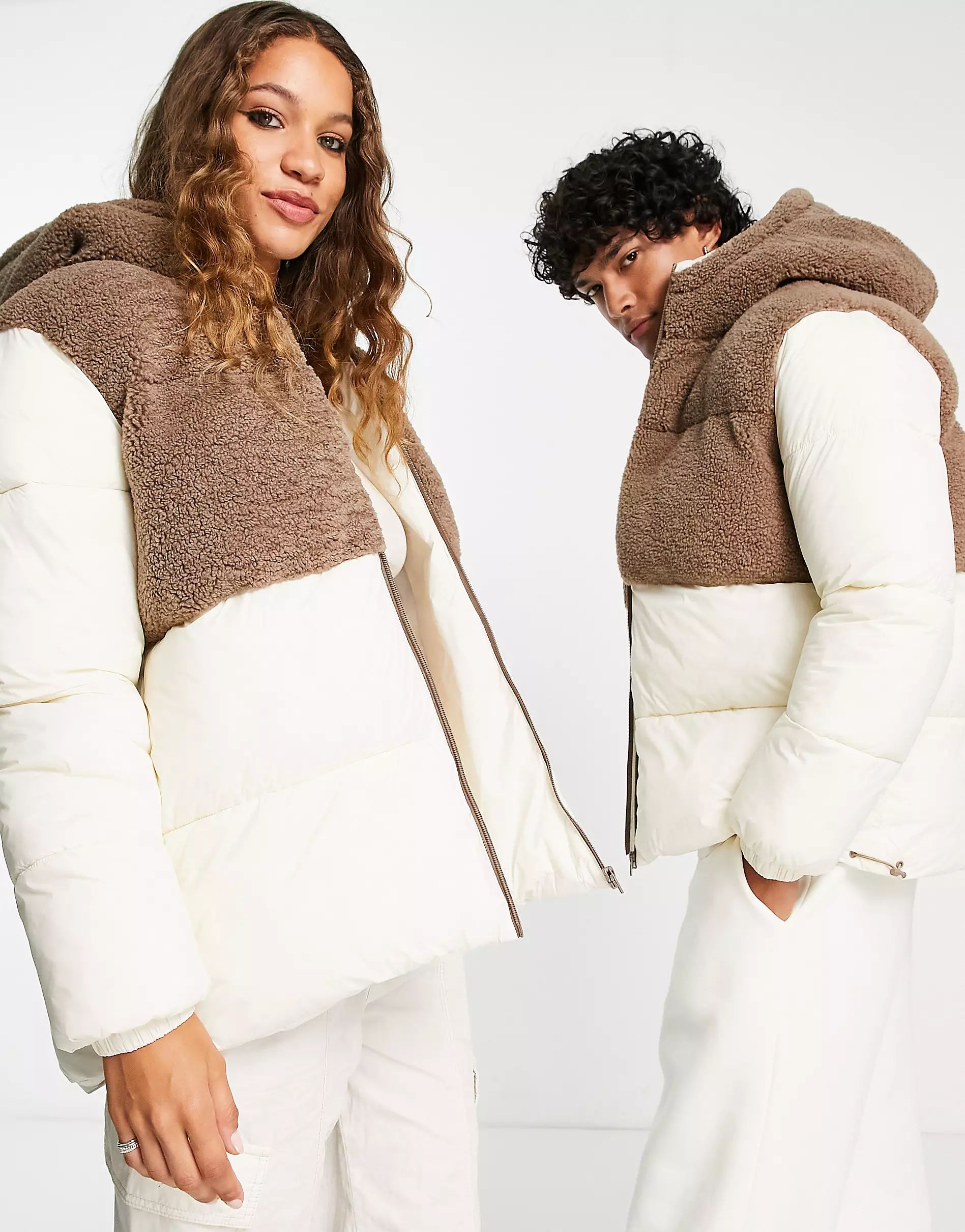 Reclaimed Vintage unisex puffer with borg mix in cream | ASOS (Global)