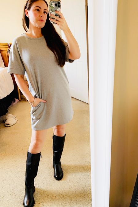 Fall ootd. Gray sweater dress black Ralph Lauren leather riding boots Ettika pearl headband and tennis bracelet Marley Lily pearl monogram earrings. Gray dress is from Rose and Remington, not on LTK, linked a similar dress.  Shoes  and earrings on sale 

#LTKsalealert #LTKfindsunder100 #LTKHoliday