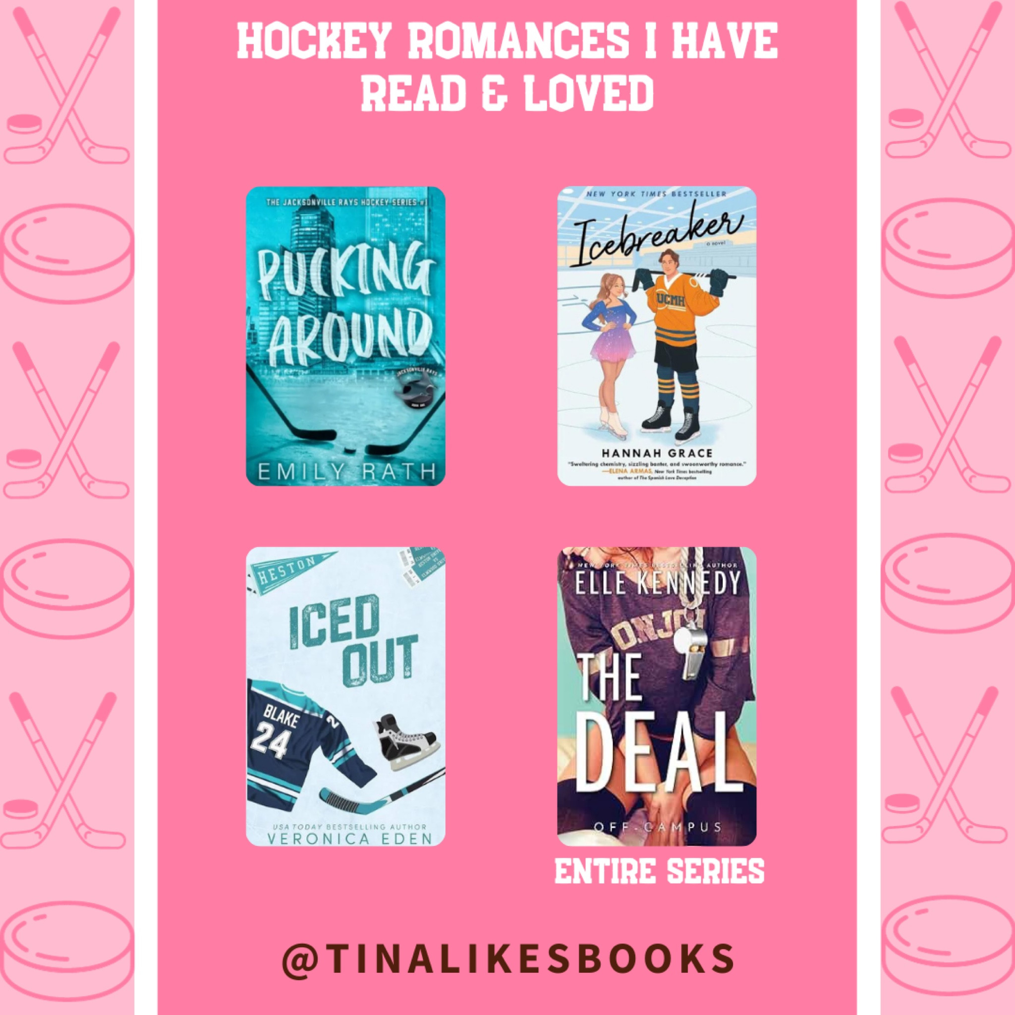 Here are some hockey romance books that you need to add to your TBR:
◾️Pucking Around by @emilyrathauthor 
◾️Icebreaker by @hannahgraceauthor
◾️Iced Out by @veronicaedenauthor
◾️The Deal by @ellekennedy33

❓Have you read any of these yet? For my NHL fans, who are you cheering on this hockey season? 
.
.
.
.

#tinalikesbooks #bookstagram #booksbooksbooks #bookstagrammer #booktok #bookinfluencer #bookfluencer #bookreviews #bookreviewer #romancebooklover #bookaesthetic #pinkaesthetic #LTKbooks #hockeyromance #sportsromance #nhl #TBR #tbrbooks #puckbunny #puckbunnies #hockeybooks #romancetropes #booksforyourtbr #tbrlist #pucklove #icehockeyromance #hockeylovers #NHL #nationalhockeyleague 

#LTKGiftGuide #LTKSeasonal #LTKHolidaySale