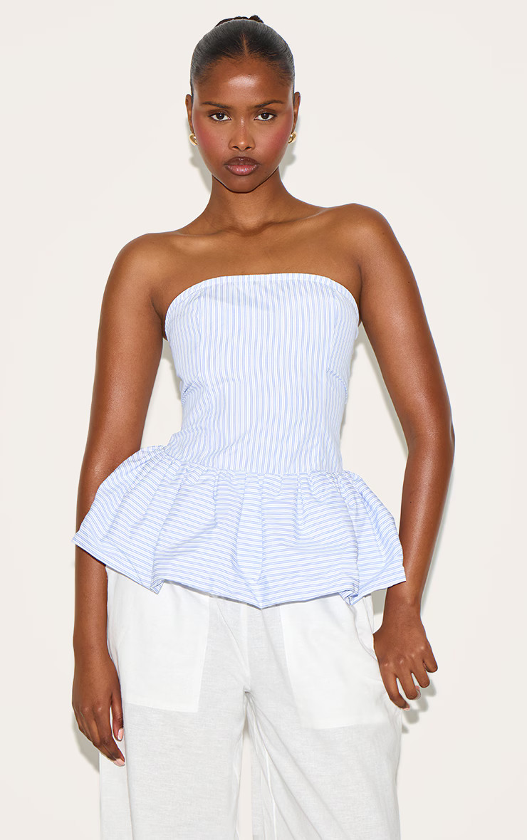 Blue Striped Bandeau Puff Ball Top | PrettyLittleThing US