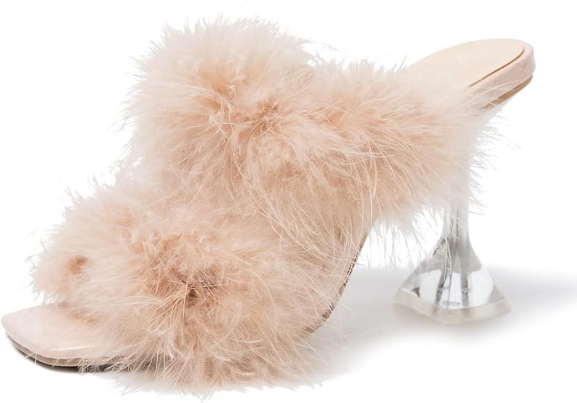 Women's Square Toe Fuzzy Heels High Clear Heel Mules Sandals Two Fluffy Feather Bands Slippers Pa... | Amazon (US)