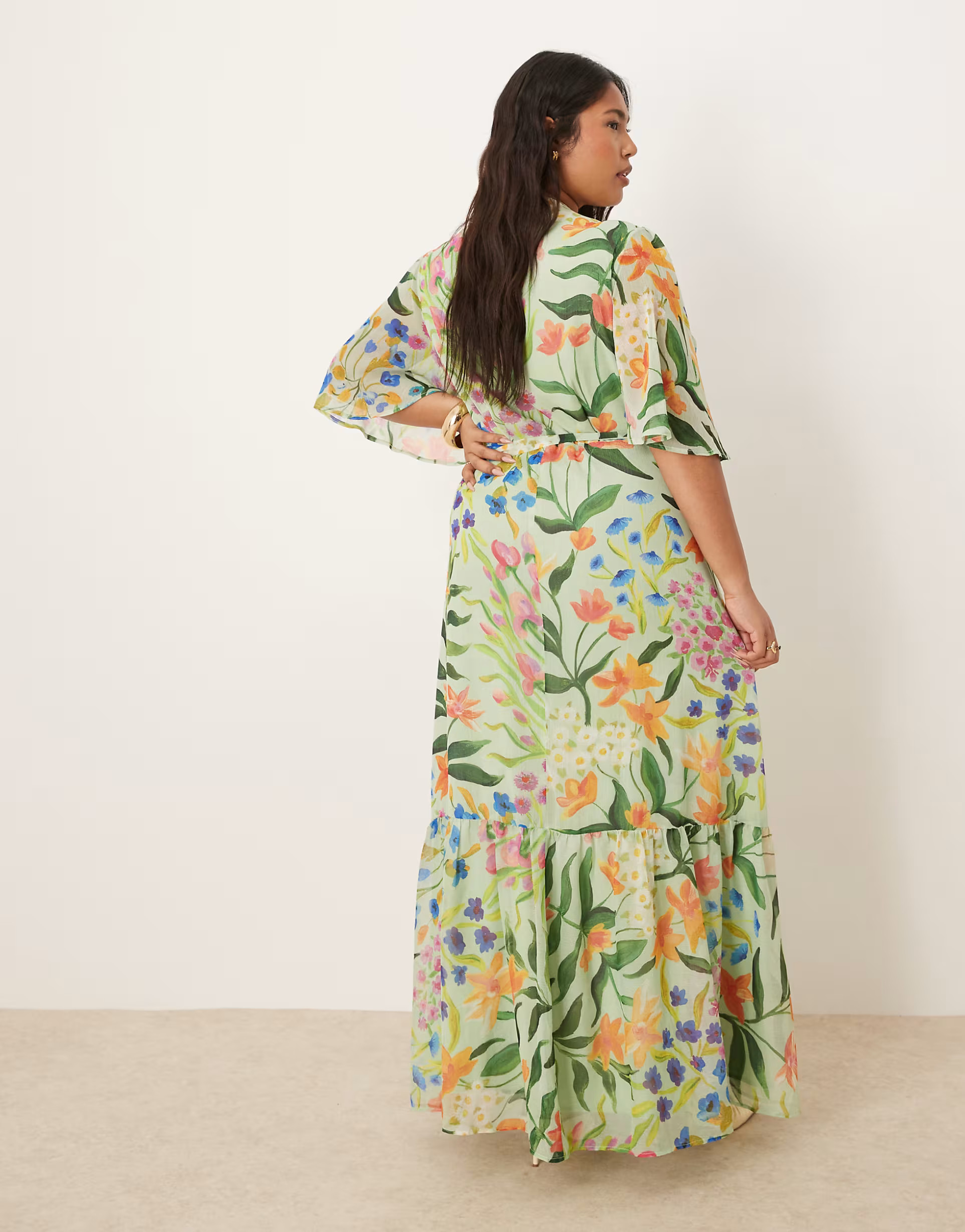 Hope & Ivy Plus frill sleeve maxi wrap dress with tie waist in green print | ASOS (Global)