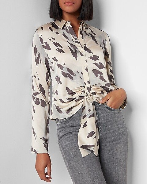 Cheetah Print Satin Tie Front Portofino Shirt | Express