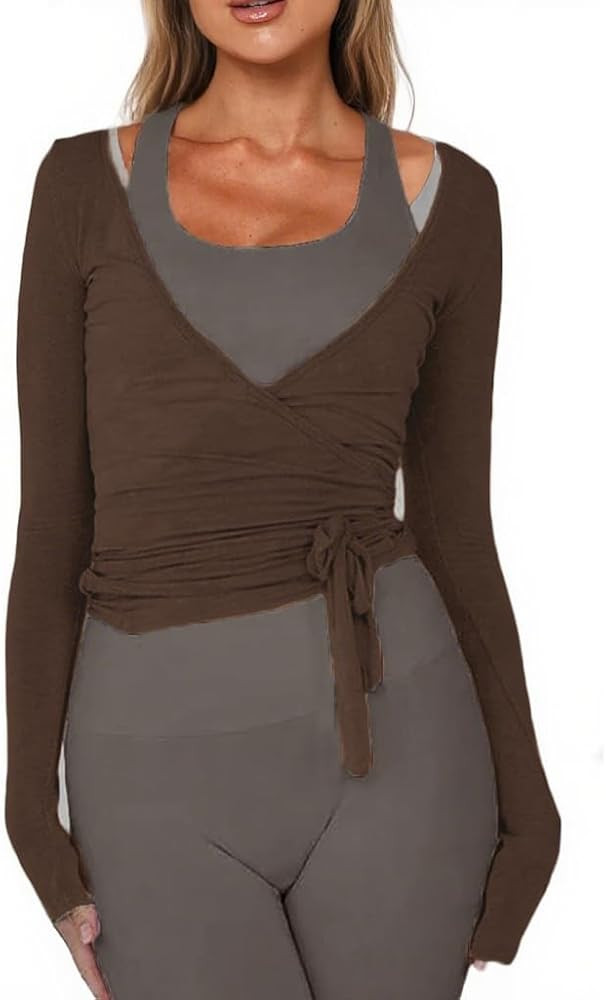 Women Wrap Tie Top Y2k Long SLeeve Ballet Workout Yoga Shirt Coquette Blouses | Amazon (US)