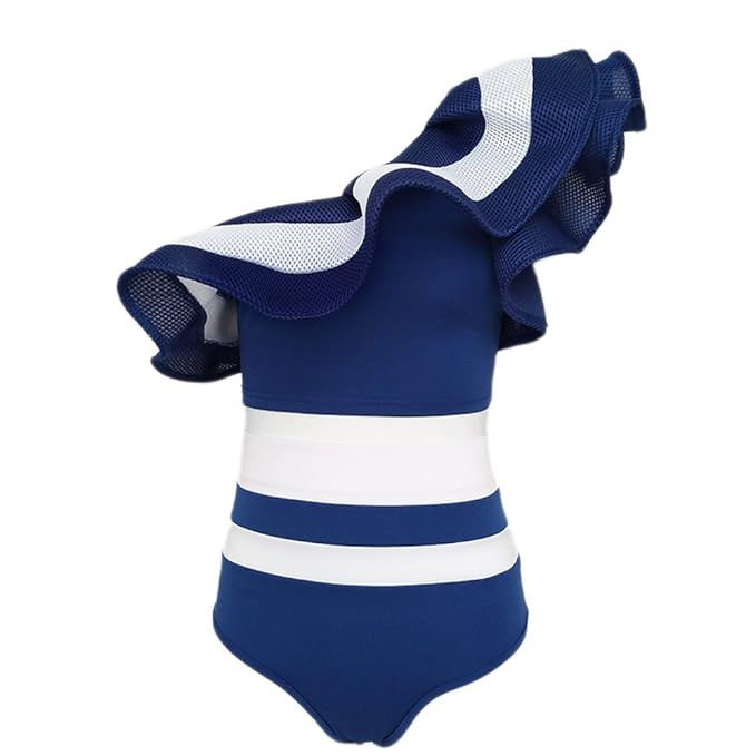 Gobought Women's Striped One Shoulder Ruffle Bodysuit High Waisted Bikini Swimsuit | Amazon (US)