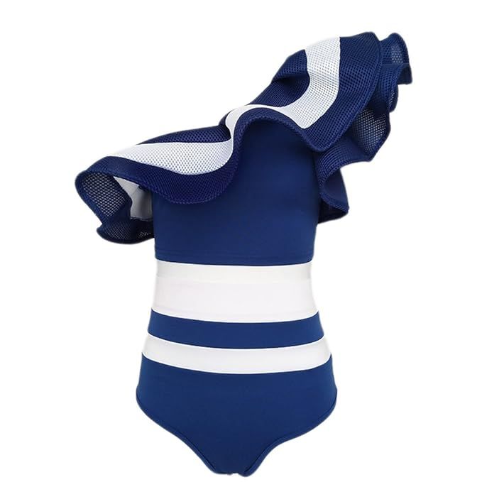 Gobought Women's Striped One Shoulder Ruffle Bodysuit High Waisted Bikini Swimsuit | Amazon (US)