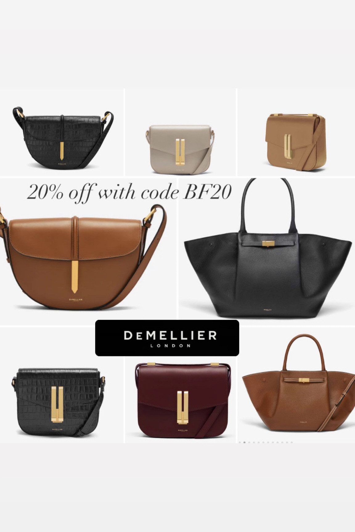 Here it is … 20% off at Demellier 
If you know you know with these bags 
Classic yet stylish luxury shapes in beautiful shades. 
A Luxe addition to your outfit and a great saving if you are looking. 

#LTKgiftguide #LTKsale #LTKCyberWeek