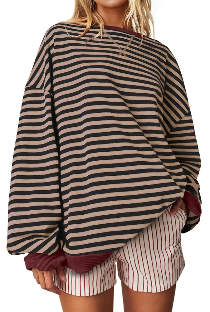 UEU Women Oversized Striped Crewneck Sweatshirt Long Sleeve Color Block Pullover Tops Casual Loos... | Amazon (US)