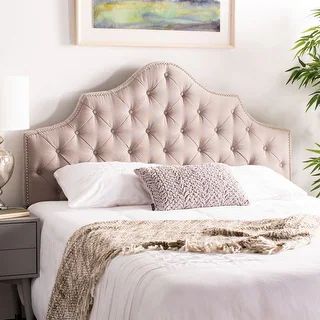 Safavieh Arebelle Taupe Linen Upholstered Tufted Headboard - Silver Nailhead (Queen) - MCR4036A | Bed Bath & Beyond