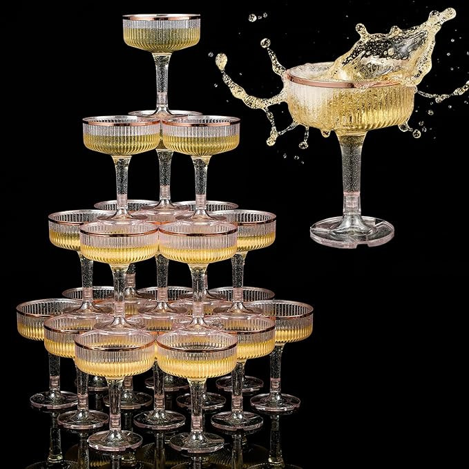 Set of 24 Rose Gold Champagne Tower 7 oz Plastic Champagne Coupe Glasses Set Stackable Plastic Ri... | Amazon (US)