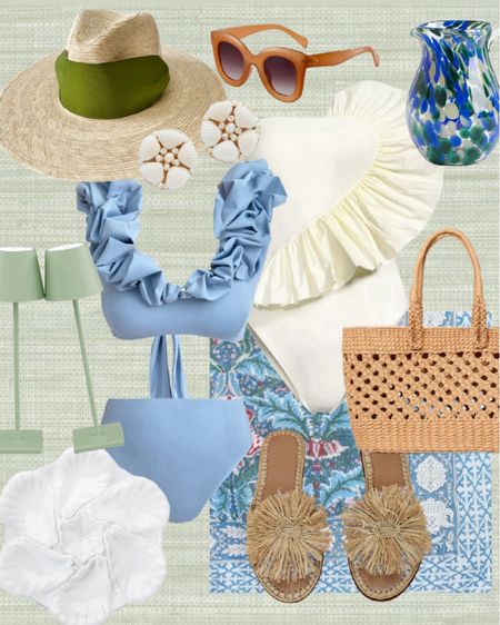 Swimsuit season! Ready for spring break! 

Straw hat, swimsuit, one piece swimsuit, beach basket, raffia shoes, sandals, pareo, vacation outfit, oyster plate 