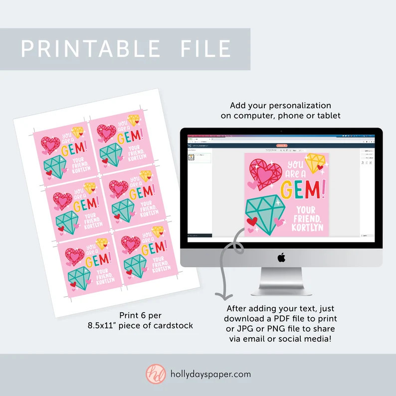 Printable Gem Valentine: DIY Gift Tag (Instant Download) | Etsy (US)