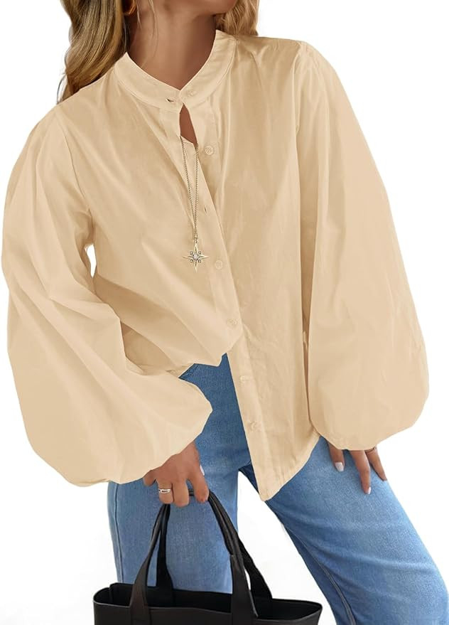 Tankaneo Womens Lantern Sleeve Button Down Shirts Oversized Mock Neck Blouse Trendy Casual Loose ... | Amazon (US)